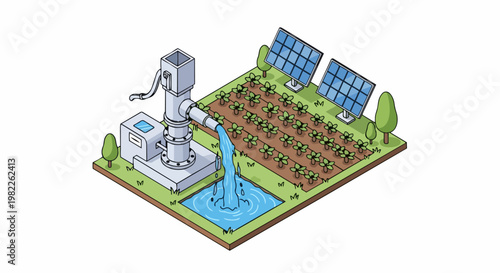 Isometric Illustration of Sustainable Smart Farming System with Solar Panels, Water Pump, and Irrigation for Crop Management