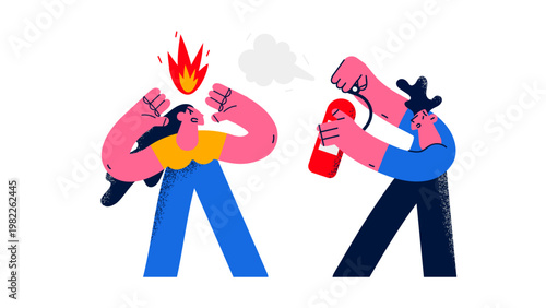 A vector graphic illustration of two people handling a stressful situation with a fire extinguisher