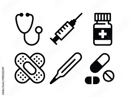 Medical icons feature health supplies.
