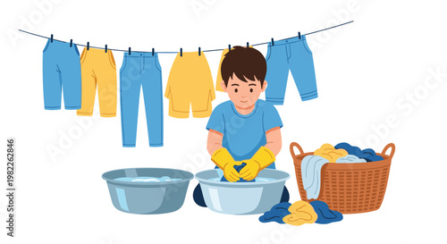 Young boy washing clothes in a basin with soapy water while finished garments hang on a clothesline in a domestic outdoor setting.