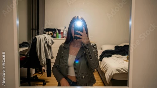 Young woman trying on gray leather jacket in front of mirror. Authentic user review of clothing. Fashion lifestyle content for social media retail experience.