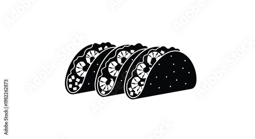 A black and white illustration depicts four tacos lined up horizontally showing internal fillings high quality