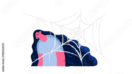 A minimalist illustration of a bear caught in a spider web