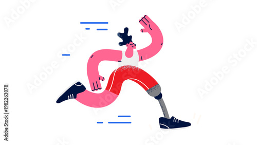 A vector graphic illustration of a determined athlete with a prosthetic leg running with dynamic motion lines