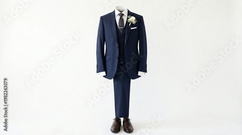 Elegant Attire: A meticulously tailored blue suit, complete with a crisp white shirt and a delicate boutonniere, is elegantly displayed, showcasing the pinnacle of formal wear.