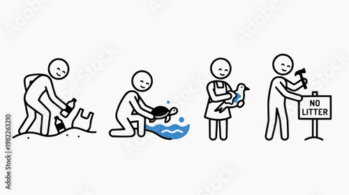 Illustrative scene showing the act of environmental protection and conservation. Demonstrating various actions for the betterment of the environment, Including picking up litter, rescuing a turtle.