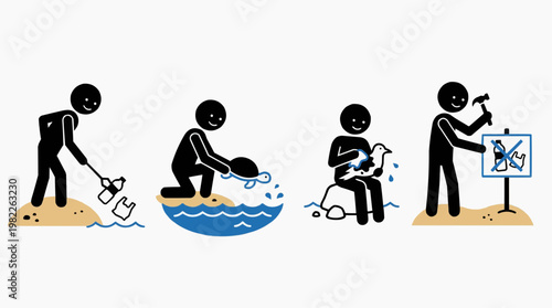 People cleaning the environment to protect nature in cartoon style. Showing the importance of environmental protection