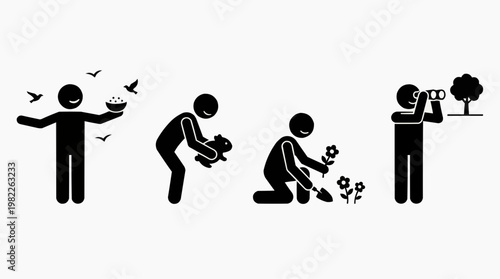 Four pictograms demonstrating environmental care, including bird feeding, animal care, gardening, and tree observation. Depicting a commitment to preserving and cherishing the environment