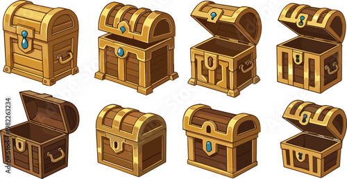 Cartoon Treasure Chest Set with Open and Closed Wooden Boxes Fantasy Game Loot Storage Vector Illustration Collection