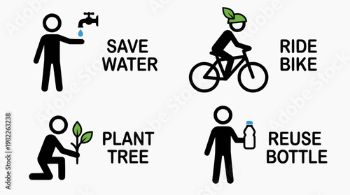 Promoting Environmentally Friendly Actions: Save Water, Ride Bike, Plant Tree and Reuse Bottle