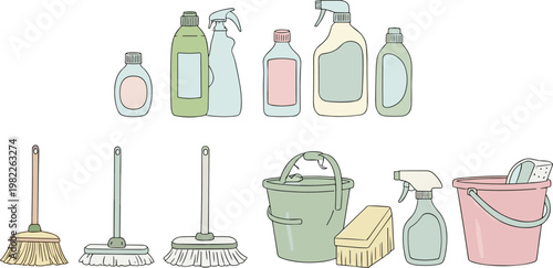 Cleaning Supplies Set with Bottles Spray Mop Bucket Brush Household Hygiene Tools Vector Illustration Collection