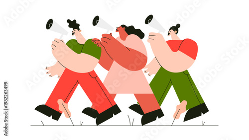 A group of people protesting with megaphones in a colorful illustration