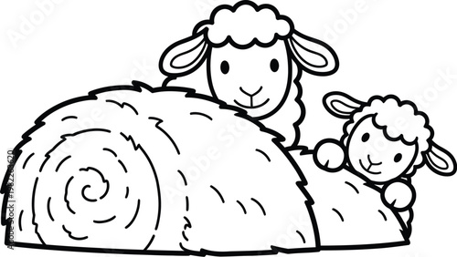 Cute sheep and lamb peeking behind hay bale coloring page for kids