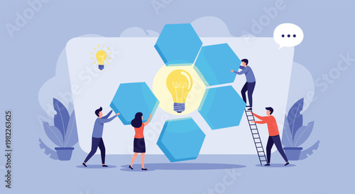 Business team collaborates to assemble blue hexagonal tiles around a central lightbulb representing creative idea generation and synergy.