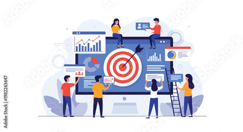Digital marketing team works together on a large computer screen with a bullseye target to achieve business goals and sales objectives.