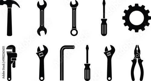 Mechanical hand tools silhouette set featuring hammer wrench screwdriver gear and pliers for industrial maintenance home repair and professional technical service