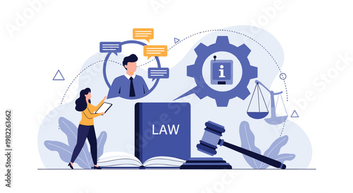 Legal advisor consults with a client about court cases while a large law book, gavel, and scales of justice are displayed prominently.