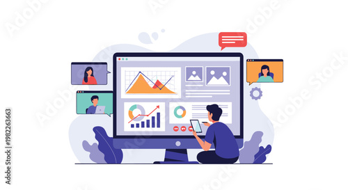 Professional man attends a virtual business meeting on a large computer screen with multiple remote participants during a video call.