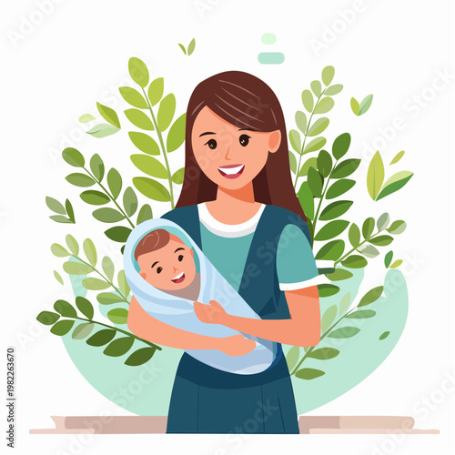 Mom hugs child. Motherhood and newborn concept. Happy mother line vector illustration. Parent loving kid, happy mother day design for card 