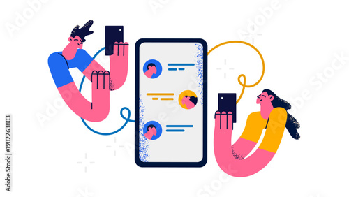 A colorful vector illustration of two people chatting on their smartphones