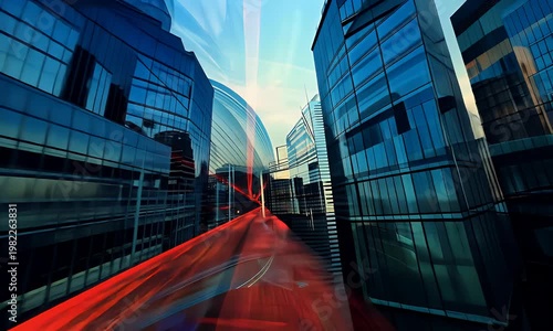 Blurred cityscape with sleek skyscrapers and red light trails on a clear blue day with modern architecture