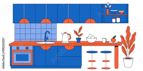 Contemporary kitchen interior with blue cabinets sink appliances flat design interior contemporary cabinets countertop appliances illustration minimalist colorful domestic lifestyle