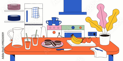 Modern kitchen counter with breakfast items fruit kitchenware cutting board flat lay domestic life food preparation breakfast pancakes kitchenware utensils household domestic illustration