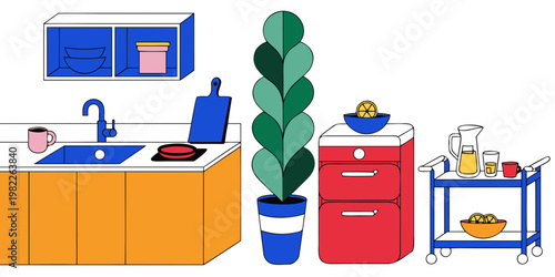Modern kitchen area with sink cart storage plants cutting board illustration flat style colorful minimalist domestic lifestyle interior household arrangement furniture