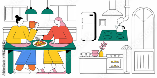 Two diverse people eating pizza and drinking coffee at a dining table in a stylized kitchen interior illustration with range hood line art illustration lifestyle refrigerator contemporary