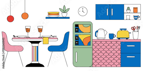Modern colorful kitchen and dining room interior illustration with appliances and table settings food preparation home decor living space line art interior illustration colorful apartment