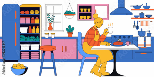 Woman enjoying breakfast in a colorful modern kitchen with open refrigerator breakfast colorful refrigerator vegetables appliances illustration flat style minimalist domestic lifestyle