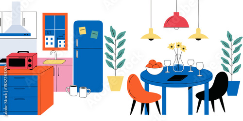 Cozy dining area and kitchen setup with plants fruit tableware wine glasses toaster oven refrigerator cabinets illustration flat style colorful minimalist domestic lifestyle interior