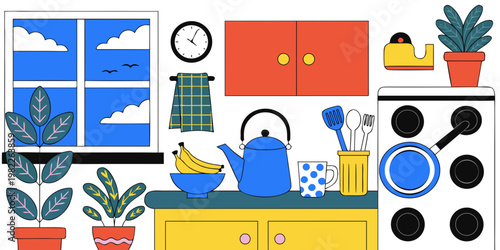 Flat illustration of a modern kitchen interior with blue kettle and house plants illustration interior domestic lifestyle apartment colorful kitchenware appliance workspace breakfast