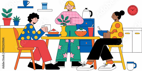 Diverse group of friends enjoying a meal and conversation together in a modern colorful kitchen setting illustration plant pot gathering illustration lifestyle cabinets colorful apartment