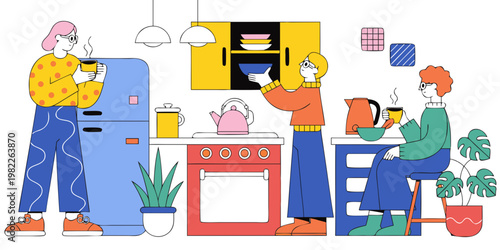 Flat illustration of people working in a home kitchen environment with lifestyle illustration characters domestic activity beverage interior community preparing kitchenware colorful