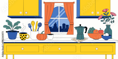 Cozy kitchen counter illustration featuring a moka pot coffee cup city view window illustration interior cabinets lifestyle domestic breakfast caffeine beverage domesticity apartment