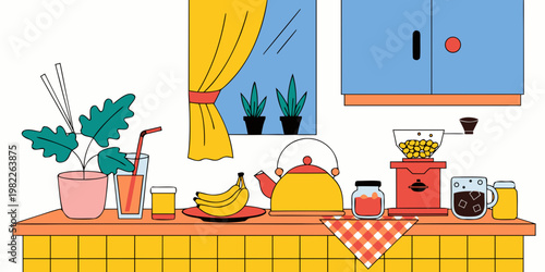 Bright kitchen counter illustration with coffee grinder yellow kettle fresh orange juice illustration interior cabinets breakfast beverage domestic lifestyle preparation colorful