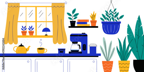 Modern coffee station illustration with blue coffee maker yellow teapot many houseplants illustration interior domestic lifestyle shelving beverage caffeine breakfast appliance cabinets