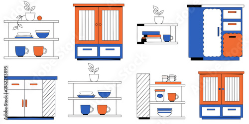 Collection of kitchen cupboards and storage furniture units with furniture cabinets cupboards interior organization illustration fixtures arrangement furnishings residential apartment