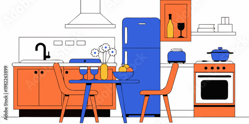 Modern blue and orange kitchen and dining room interior with appliances flowers fruit illustration range hood wine glasses line art food preparation interior illustration colorful appliances
