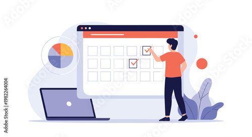 Productive man marks important tasks and events on a large digital calendar screen to manage time and organize his work schedule.