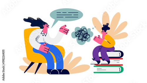 A vector graphic illustration of a therapist and patient discussing mental health