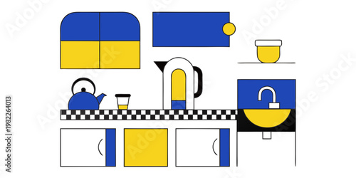 Minimalist kitchen countertop and appliance illustration with countertop appliances furniture interior household illustration culinary equipment kitchenware lifestyle preparation facility