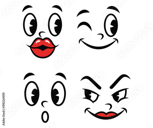 Cartoon faces with different emotions on white background