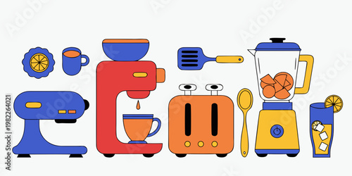 Kitchen appliance and culinary preparation tools illustration with appliances culinary utensils household equipment preparation breakfast illustration lifestyle kitchenware housewares