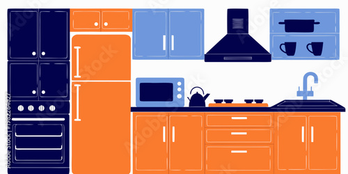 Flat vector illustration of a modern kitchen with orange and blue furniture interior illustration appliances refrigerator microwave cabinets lifestyle domestic furniture equipment culinary