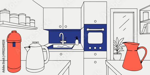 Graphic illustration of a spacious kitchen interior with a sink and oven interior illustration appliances lifestyle domestic furniture equipment kitchenware background culinary preparation