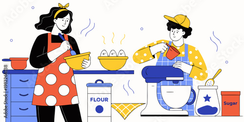 People baking and preparing food together in kitchen concept with ingredients lifestyle activity preparation utensils together creative homemaker domestic supplies illustration colorful