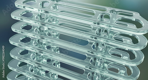Stack of transparent medical bone plates surgical implants for fracture fixation detailed 3D render for healthcare and orthopedic concepts