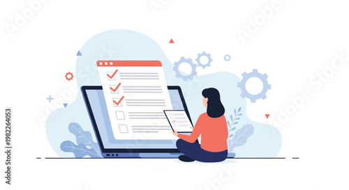 Young woman sits comfortably and completes an online survey or checklist on a laptop screen with various task management icons.